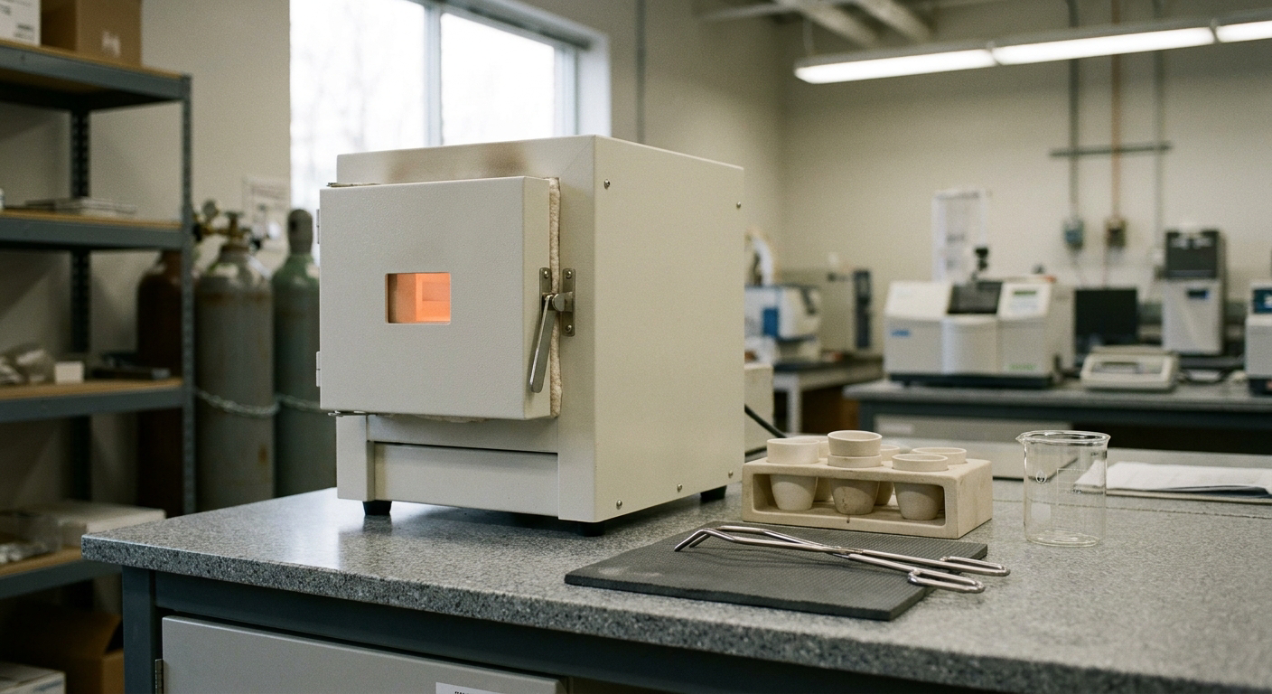 A compact benchtop laboratory chamber furnace on a lab bench beside a crucible rack and tongs.