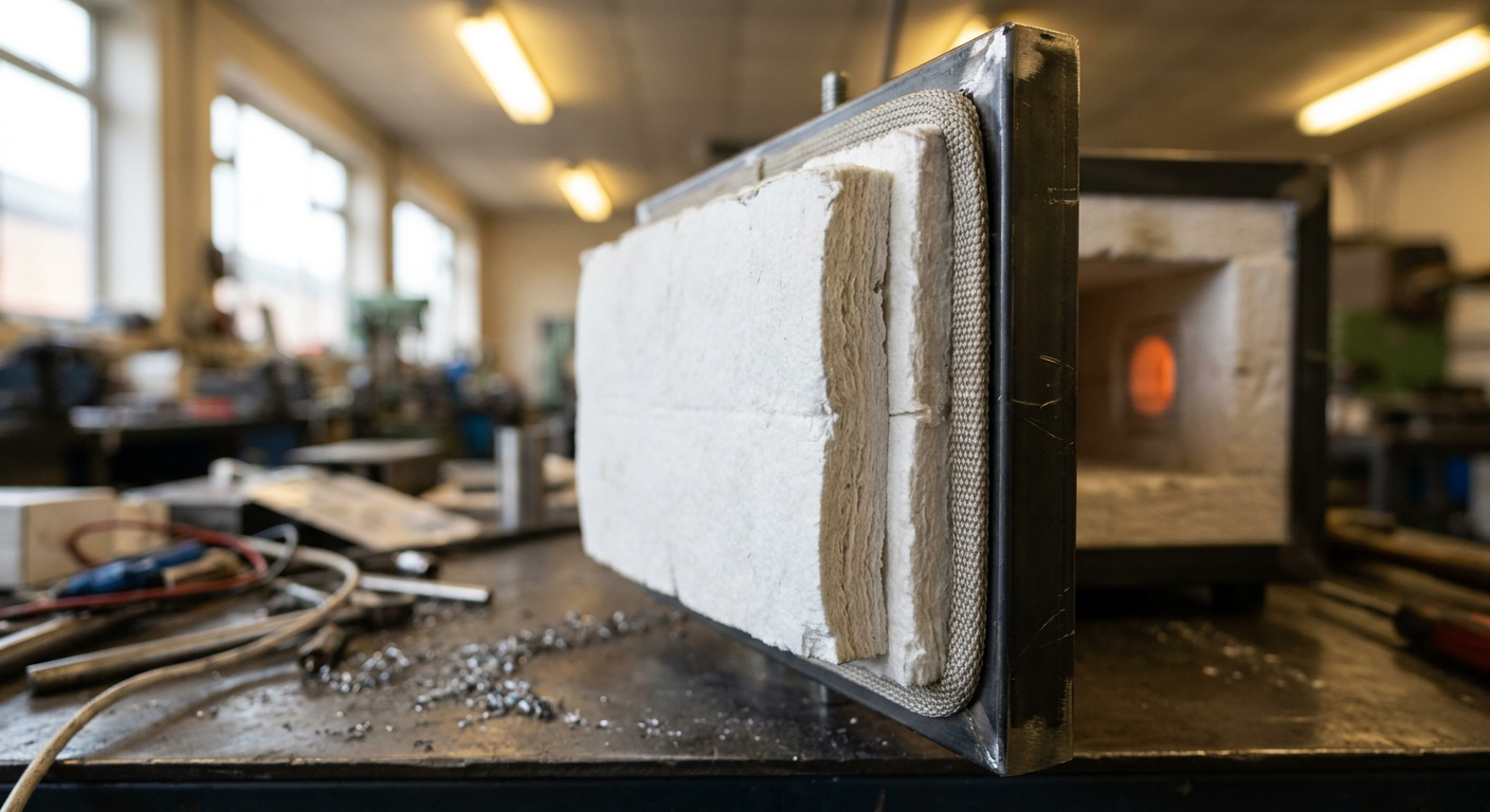 Edge view of a chamber furnace door showing layered white ceramic fiber insulation board and the door seal in a steel frame.