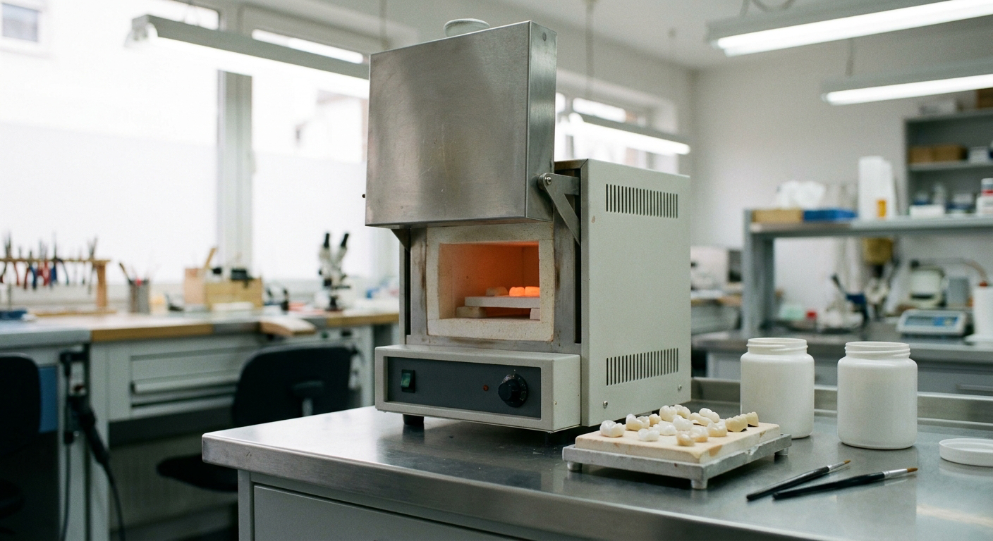 A compact lift-hood chamber furnace on a dental laboratory bench with a firing tray of ceramic crowns beside it.