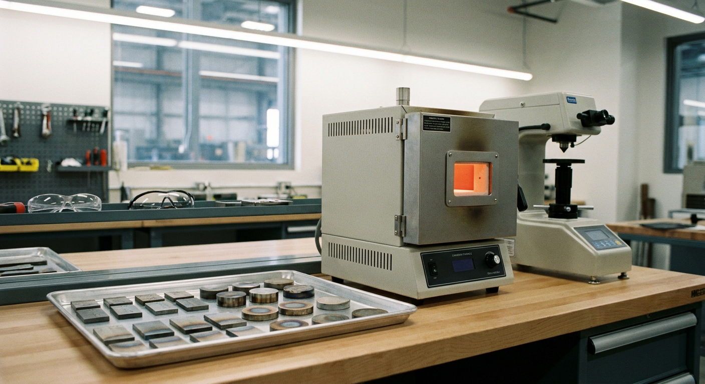 A metallurgy lab bench with a tray of heat-treated steel test coupons beside a benchtop chamber furnace and a hardness tester.