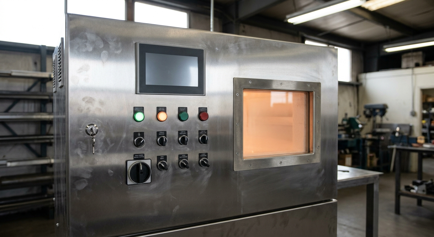 The control panel of an industrial chamber furnace with a programmable temperature controller, indicator lamps, switches and a door key.